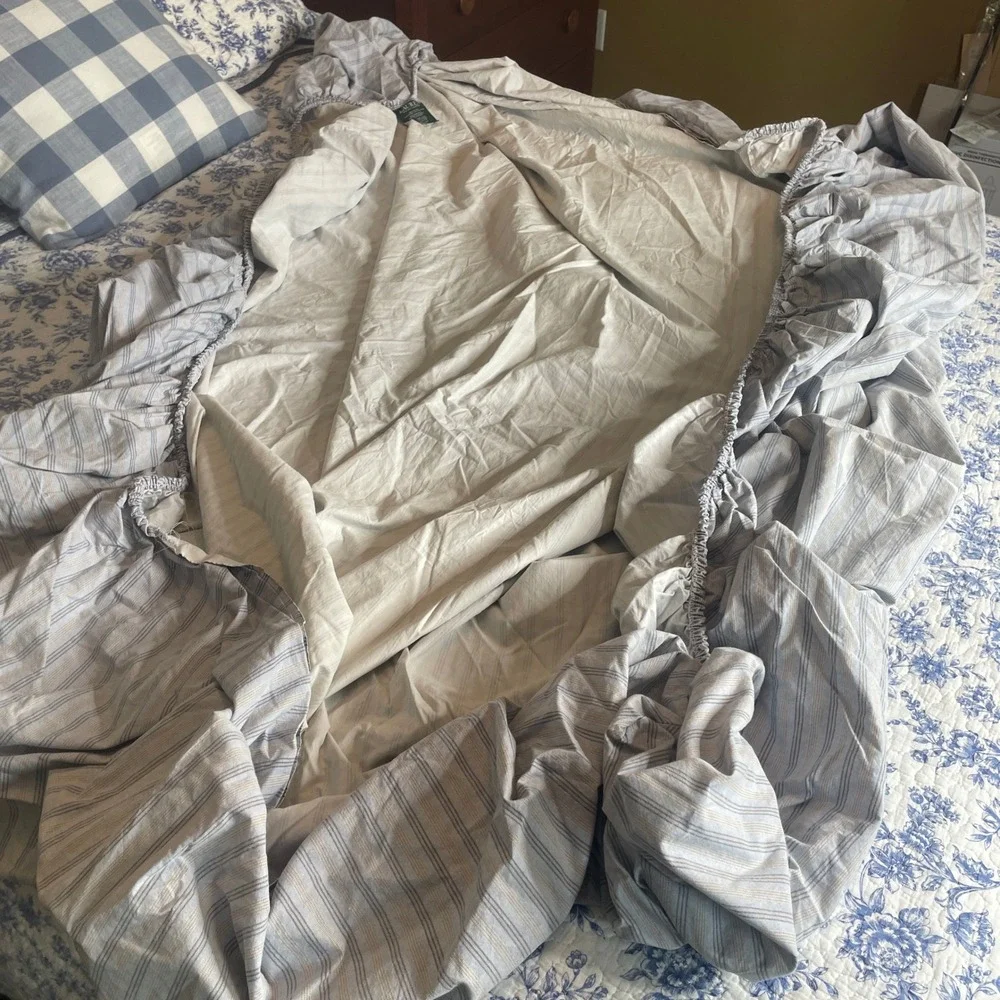 Vtg Lauren Ralph Lauren BlueGray Ticking Stripe 100%‎ Cotton Full Sheet Set READ